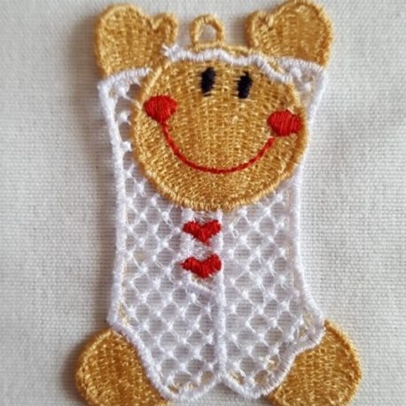 Broderie dentelle FSL, petit bonhomme pain d'épice en blanc