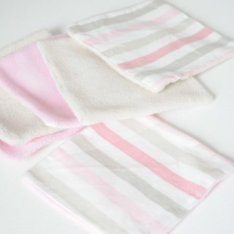 Lot de 5 lingettes lavable zéro déchet. Polaire recyclée rose et beige