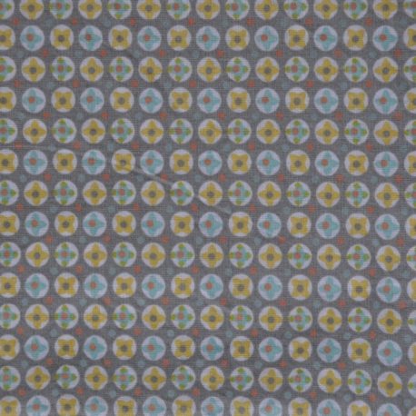 Tissu gris à rond bleu et jaune