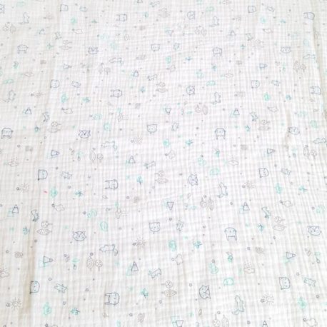 Lange double gaze certifié oeko-tex 
blanc fantaisie lapin bleu