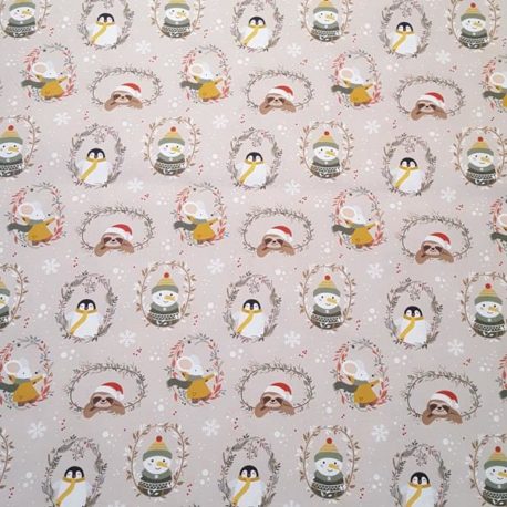 Tissu coton certifié oeko-tex. Thème: petits animaux de Noël 